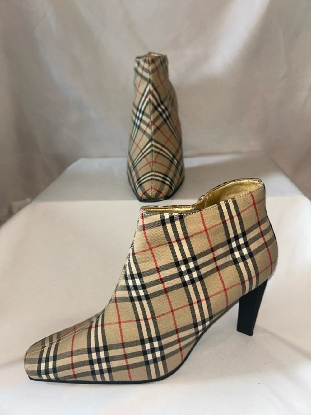 Plaid Platform Ankle Booties with‎ Zip Closure in Beige